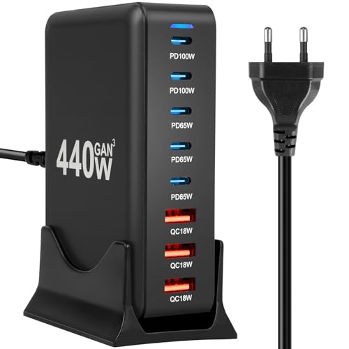 AXFEE USB C Ladegerät, 440W 8-Port USB C Adapter Mehrfach Ladegerät mit USB-C und USB-A, Schnellladegerät PD 100W 65W QC18W USB C Charger Power Netzteil für Phone 15 Pro Max 13 12 11 XR 8,Pad,Samsung von AXFEE