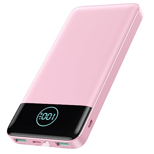 AXNEB Power Bank 13800mAh,Ultradünn Powerbank PD USB C Input&Output 3.0A Externer Akku mit Taschenlampe,Powerbank LED Display Akkupack Kompatibel mit iPhone 14 Pro 13 12 Samsung Huawei iPad-Rosa von AXNEB