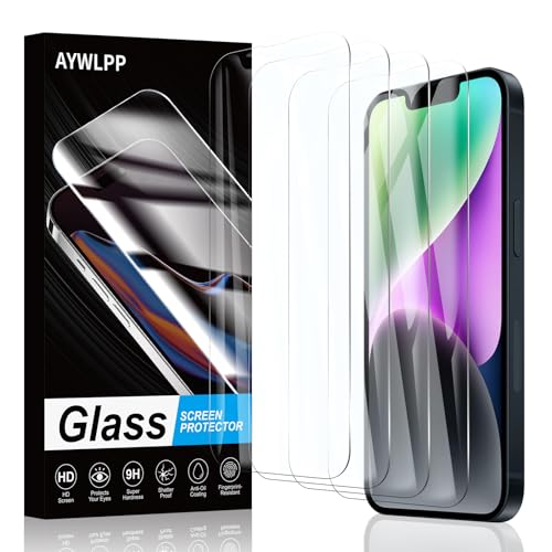 AYWLPP Displayschutzfolie für iPhone 13/13 Pro/14 Zubehör, 4 x gehärtete Glasfolie, ultra-langlebige 9H-Härte, kratzfest, blasenfrei, hohe Empfindlichkeit, stoßfest von AYWLPP