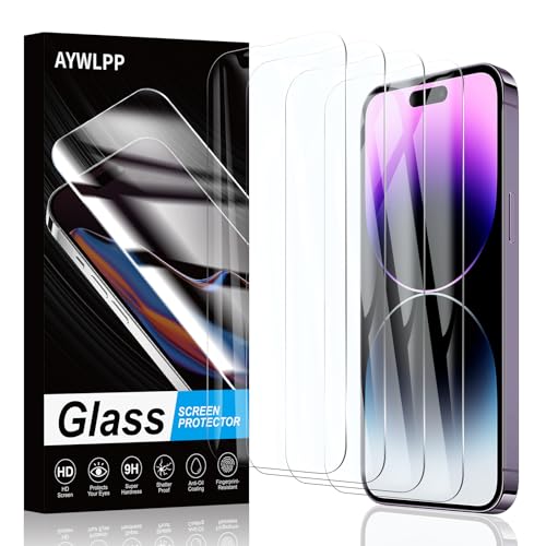 AYWLPP Displayschutzfolie für iPhone 14 Pro Zubehör, 4 x gehärtete Glasfolie, ultra-langlebige 9H-Härte, Anti-Kratz-Schutz, blasenfrei, hohe Empfindlichkeit, Schlagfest von AYWLPP