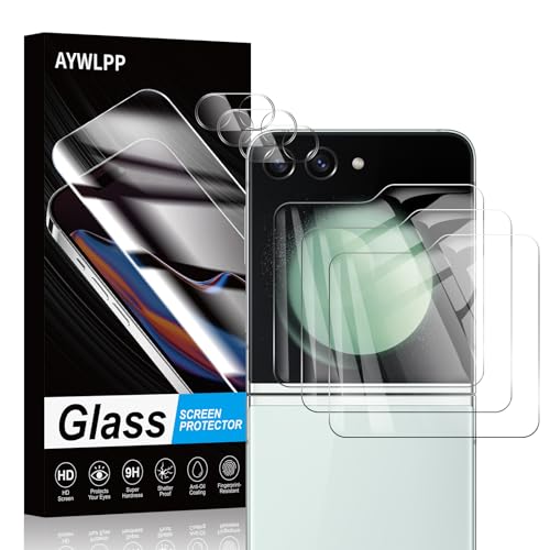 Displayschutzfolie für Samsung Galaxy Flip 5, 3 x gehärtete Glasfolie mit 3 x Kameraobjektivschutz, ultra-langlebig, 9H Härte, kratzfest, blasenfrei, hohe Empfindlichkeit, hüllenfreundlich von AYWLPP