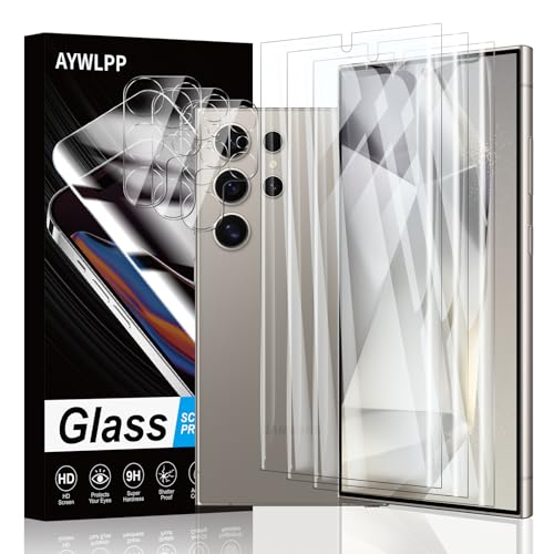 Displayschutzfolie für Samsung Galaxy S24 Ultra, 3 x gehärtete Glasfolie mit 3 x Kameraobjektivschutz, ultra-langlebig, 9H-Härte, kratzfest, blasenfrei, hohe Empfindlichkeit, hüllenfreundlich von AYWLPP