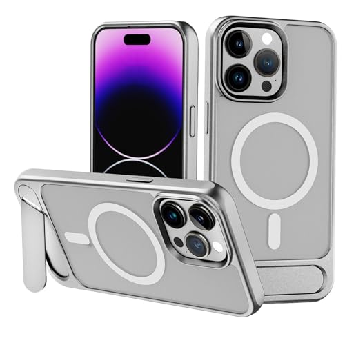 AZMINI-Hülle Für iPhone 16/16 Pro/16 Pro Max, Schlanke Drop Handytasche Versteckter Ständer Magnetische Handytasche Stoßfeste Transparente Matte Hülle(Silver,16) von AZMINI