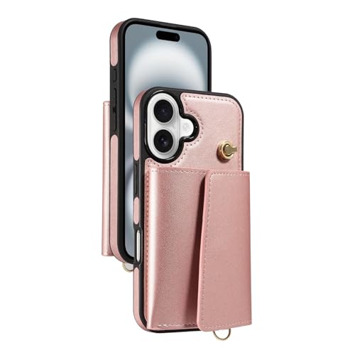 AZMINI-Hülle Für iPhone 16 Pro Max/16 Pro/16 Plus/16, Flip Handgelenkschlaufe Brieftaschenhülle Stoßfest Ständer Kartenhülle Schultergurt Handytasche(Pink,16 Plus) von AZMINI