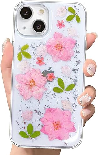 Abbery Handyhülle Kompatibel mit iPhone 13 Hülle Blumen Durchsichtig Dünne Transparente Weich TPU Echte Getrocknete Blumen Glitzer Handarbeit Frauen Mädchen Stoßfeste Schutzhülle (Sparkly Rosa) von Abbery