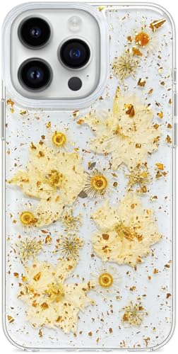 Abbery Handyhülle für iPhone 15 Pro Max Hülle Durchsichtig Mit Echte Getrocknete Blumen Weltraum Motiv Muster Glitzer Silikon Frauen Mädchen Stoßfeste Anti-Kratzer (Daisy, für iPhone 15 Pro Max) von Abbery