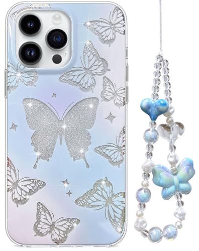 Abbery Kette Handyhülle für iPhone 15 Pro Max Hülle Durchsichtig Glitzer Schmetterling mit Band Süßes Chain Motiv Dünn Muster Design Frauen Mädchen Transparente Harte Stoßfest Schutzhülle von Abbery