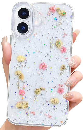 Abbery Schutzhülle für iPhone 16 Plus, niedliches Design, Schleierkraut, weiches TPU, getrocknete, gepresste Blumen, für Damen und Mädchen, ästhetisch, stoßfest von Abbery