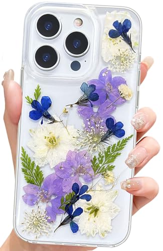 Abbery Schutzhülle für iPhone 16 Pro Max, Blumen-Design, niedlich, transparent, mit getrockneten Blumen in Weiß / Blau / Violett, ästhetisch, weich, schlank, stoßfest, für Damen und Mädchen von Abbery