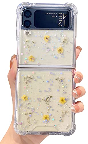 Abbery für Samsung Galaxy Z Flip 3 5G Hülle Transparent Bling Glitzer Stoßfest Schutzhülle mit Blumen Das Schleierkraut Sterne Mond Universum Muster Stoßfest Anti-Kratzer Handyhülle Case (Gelb Blumen) von Abbery