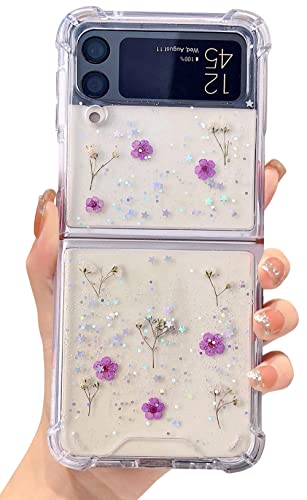 Abbery für Samsung Galaxy Z Flip 3 5G Hülle Transparent Bling Glitzer Stoßfest Schutzhülle mit Blumen Das Schleierkraut Sterne Mond Universum Muster Stoßfest Anti-Kratzer Handyhülle Case (Violett) von Abbery