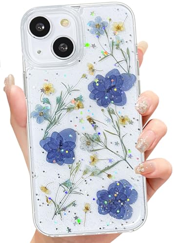 Abbery für iPhone 12 Mini/13 Mini Hülle Blumen Muster Durchsichtig Mit Getrocknete Blumen Motiv Glitzer Silikon Frauen Mädchen Stoßfeste Anti-Kratzer Handyhülle Cover (Violett) von Abbery