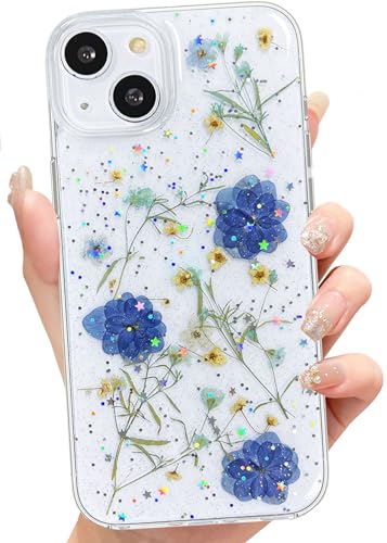 Abbery für iPhone 15 Hülle Blumen Muster Durchsichtig Mit Getrocknete Blumen Motiv Glitzer Silikon Frauen Mädchen Stoßfeste Anti-Kratzer Handyhülle Cover (Violett) von Abbery