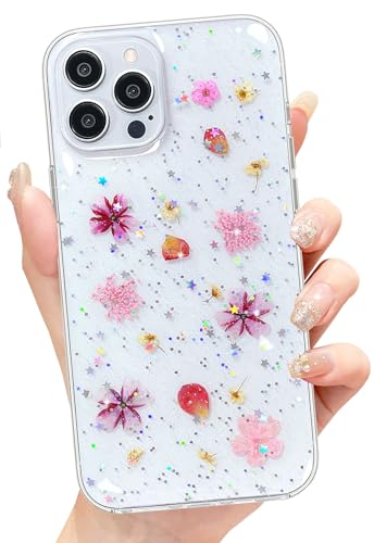 Abbery für iPhone 12 Pro Max Hülle Blumen Muster Durchsichtig Mit Getrocknete Blumen Motiv Glitzer Silikon Frauen Mädchen Stoßfeste Anti-Kratzer Handyhülle Cover für iPhone 12 Pro Max(Rosa) von Abbery