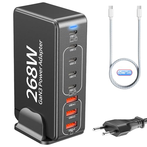 USB C Schnellladegerät,Upgraded GaN III 268W GaN Ladegerät, PD 3.0 Laptop Ladegerät, 8-Port USB-C Schnellladestation für iPhone, MacBook, iPad, Dell XPS, Galaxy,etc von Ablink