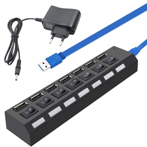 7-Port USB Hub 3.0 mit 60cm Kabel, Acboor USB hub mit Aktiv Netzteil Ladegerät Adapter Datenhub USB verteiler für Laptop,MacBook Pro/Mini,Surface Pro, PS,Mobile HDD, Einzelnen LED-Netzschaltern von Acboor