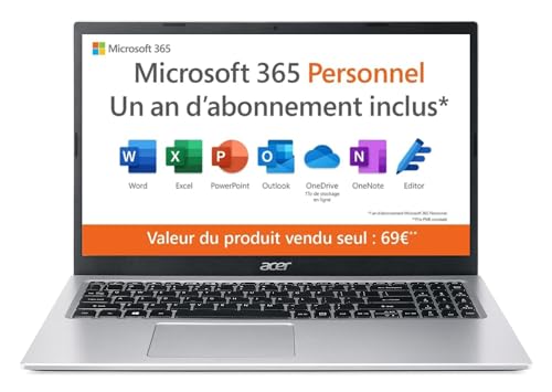 Acer Aspire 1 A115-32-C3AK Ordinateur Portable 15.6" FHD (Intel® Celeron® N4500, Ram 4 Go, 128 Go eMMC, Intel UHD Graphic, Windows 11) - Clavier AZERTY, Laptop Gris + Microsoft 365 Personnel Inclus von Acer