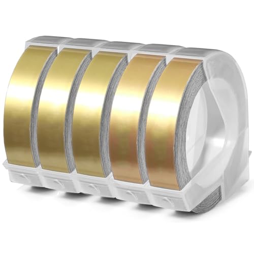 Acmerota 5 Stück Etikettenband mit Goldprägung, selbstklebendes Klebeband, kompatibel für DYMO Omega Etikettenband, 9 mm x 3 m Rollen, weißer Druck auf Gold, 3D-Prägungsetikettenband Acmerota 5 Stück Etikettenband mit Goldprägung, selbstklebendes Klebeband, kompatibel für DYMO Omega Etikettenband, 9 mm x 3 m Rollen, weißer Druck auf Gold, 3D-Prägungsetikettenband von Acmerota