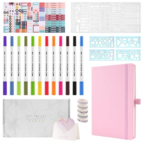 Acvxulfs Dotted Journal Kit, A5 Hardcover Dotted Journal Notizbuch mit 184 Nummerierten Seiten, Dotted Journaling Kit für Anfänger Pink von Acvxulfs