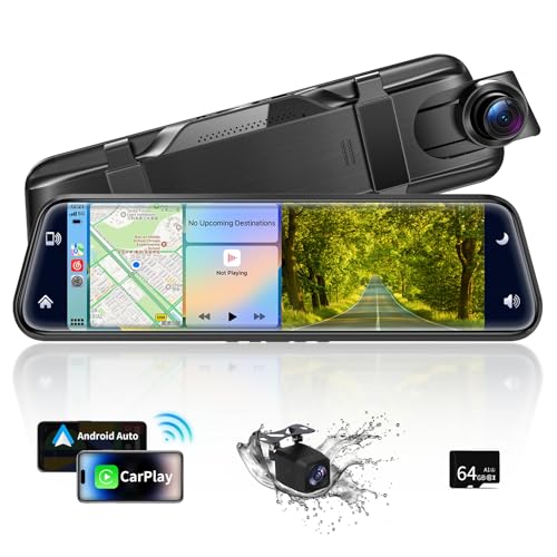 Adelagnes 2K Mirror Dashcam with Wireless Carplay,Android Car with HD Rear View Camera,10 Inch IPS Touchscreen Dual 1080P Rear View Mirror,Dash Cam Front and Rear for Car with 64GB,Bluetooth von Adelagnes