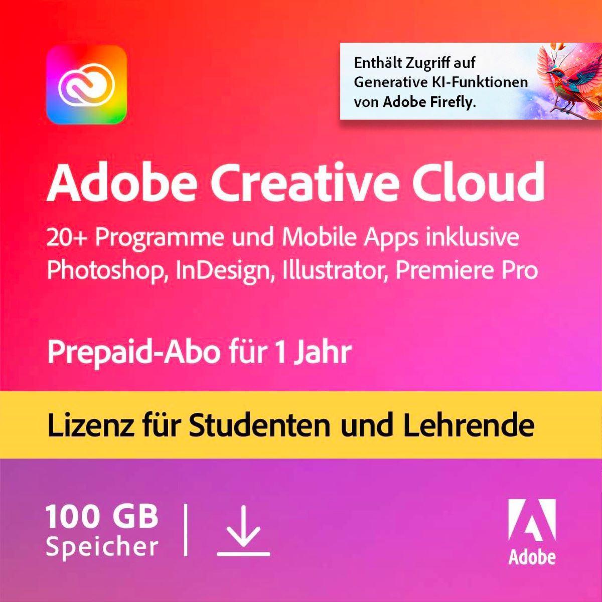 Adobe Creative Cloud All Apps | Studierende und Lehrende | Promo | 1 Jahr | 100GB | PC/Mac von Adobe