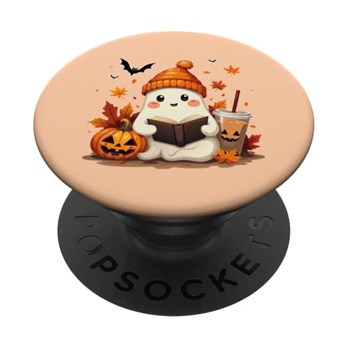 Geisterlesebuch mit Herbstblättern Halloween-Lesebuch PopSockets Klebender PopGrip von Adorable Ghost Reading Book Halloween Coffee Lover