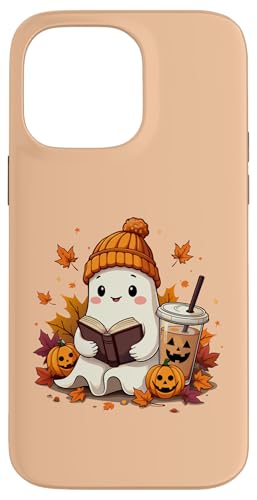 Hülle für iPhone 14 Pro Max Geisterlesebuch mit Herbstblättern, Halloween-Kaffeeliebhaber von Adorable Ghost Reading Book Halloween Coffee Lover