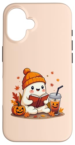 Hülle für iPhone 16 Geisterlesebuch mit Herbstblättern Halloween-Geisterkaffee von Adorable Ghost Reading Book Halloween Coffee Lover