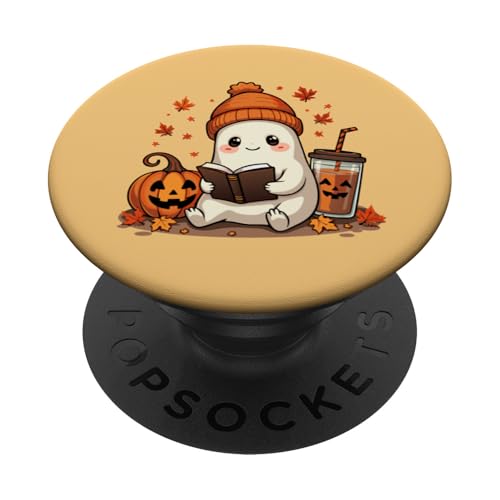 Niedliches Geister-Lesebuch Herbstblätter Halloween Geist Kaffee PopSockets Klebender PopGrip von Adorable Ghost Reading Book Halloween Coffee Lover