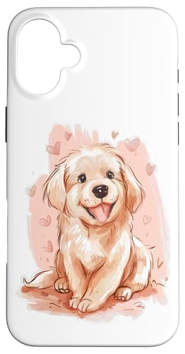 Hülle für iPhone 16 Plus Süßer lächelnder Welpe umgeben von rosa Herzen von Adorable Puppy Dogs with Hearts Collection