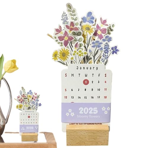 Adsfvs 2025 Tischkalender Blumen,Blumen-Monatskalender - Desktop-Dekorationsplaner mit Holzsockel,2025 Monatskalenderplaner, kreativer Blumenkalender, kreativ für den Tisch von Adsfvs