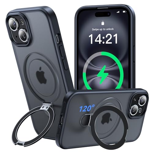 Aekyiwot 120° Magic Stand für iPhone 15 Hülle für Magsafe, [Militärschutz] [Magnetischer Robust Standring] Matt Durchscheinende Stoßfest Hülle für iPhone 15 Schwarz von Aekyiwot