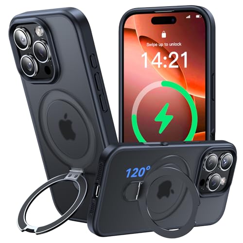 Aekyiwot 120° Magic Stand für iPhone 16 Pro Hülle für Magsafe, [Militärschutz] [Magnetischer Robust Standring] Matt Durchscheinende Stoßfest Hülle für iPhone 16 Pro 6,3 Zoll Schwarz von Aekyiwot