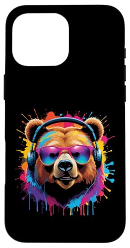 Splash Art Grizzly Musik Ursidae Kopfhörer Bär Hülle für iPhone 16 Pro Max von Aesthetic Art Bär Grizzly Liebhaber Design