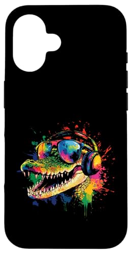 Splash Art Aligator Musik Kroko Kopfhörer Krokodile Hülle für iPhone 16 von Aesthetic Art Krokodile Aligator Liebhaber Design