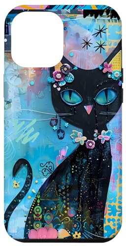 Hülle für iPhone 14 Pro Max Schwarze skurrile Katze, buntes Graffiti-Kunst-Design von Aesthetic Boho Fantasy Designs