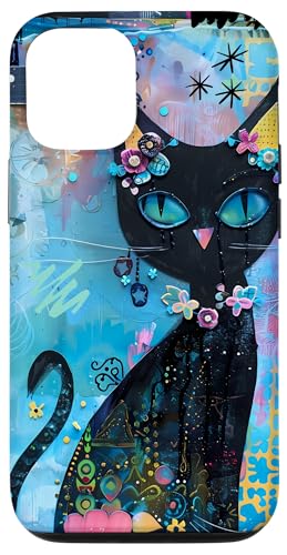 Hülle für iPhone 15 Pro Schwarze skurrile Katze, buntes Graffiti-Kunst-Design von Aesthetic Boho Fantasy Designs