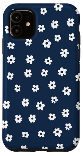 Hülle für iPhone 11 Dunkelblau mit weißen Ditsy Blumen Blumenmuster von Aesthetic Boho Fantasy Patterns Designs