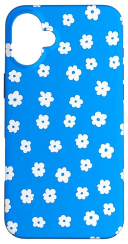 Hülle für iPhone 16 Plus Blau mit weißen Ditsy Blumen Blumenmuster von Aesthetic Boho Fantasy Patterns Designs