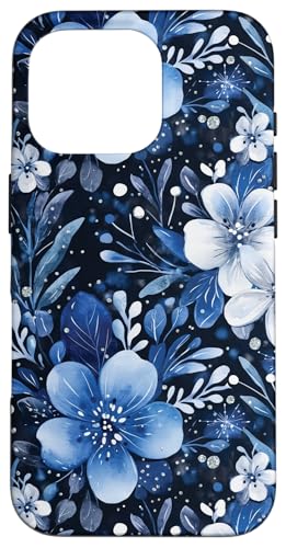 Hülle für iPhone 16 Pro Blumen Blau Schwarz Pretty / Floral Skurrile Winter Art von Aesthetic Designs HHWCo.