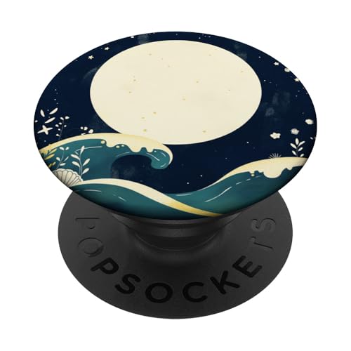 Retro Ozean Wellen Mond Sterne Muscheln Floral Boho Natur PopSockets Klebender PopGrip von Aesthetic Minimalist Wildflower Sea Wildlife Co