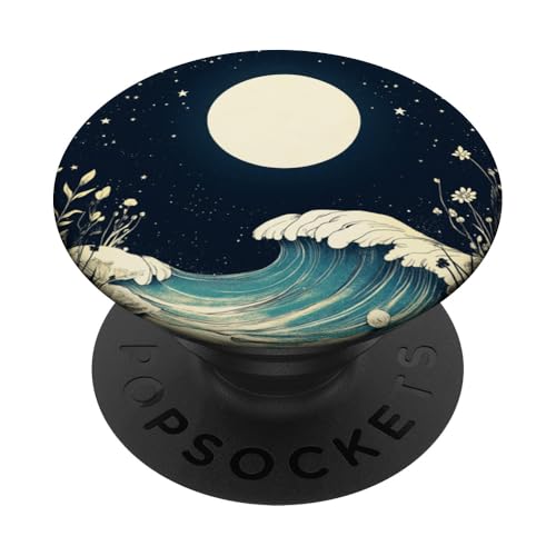 Retro Ozean Wellen Mond Sterne Muscheln Floral Boho Natur PopSockets Klebender PopGrip von Aesthetic Minimalist Wildflower Sea Wildlife Co