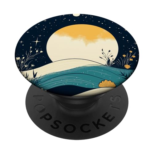 Retro Ozean Wellen Mond Sterne Muscheln Floral Boho Natur PopSockets Klebender PopGrip von Aesthetic Minimalist Wildflower Sea Wildlife Co