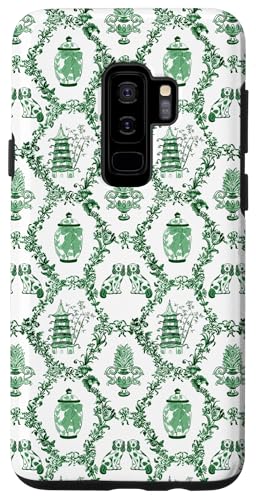 Hülle für Galaxy S9+ Preppy Forest Green & White Toile Chinoiserie Pagode, Hunde von Aesthetic Pattern Co