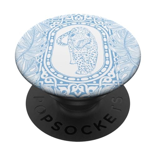 Adretter hellblauer Leopard, Palmblatt-Dschungel PopSockets mit austauschbarem PopGrip von Aesthetic Patterns