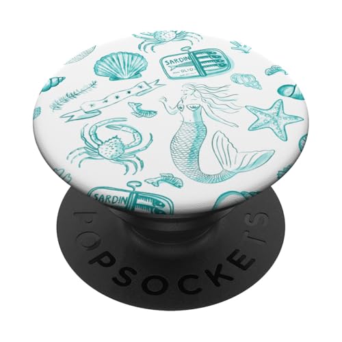 Preppy Coastal Sardine Dose Meerjungfrau Muschel Euro Sommer in Aqua PopSockets mit austauschbarem PopGrip von Aesthetic Patterns