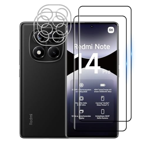 Afikyutu Schutzfolie für Xiaomi Redmi Note 14 Pro 4G für Panzerglas, 2 Stück 3D Schutzfolie mit 2 Stück Kameraschutz, 9H Härte Displayschutz, HD Panzerfolie Anti-Kratz, Anti-Blasenfrei von Afikyutu