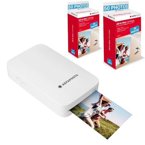 AGFA Photo - Realipix Mini P Drucker + AMC Patronen und Papier für 100 Fotos – Fotodrucker Format 5,3 x 8,6 cm über Bluetooth – Thermosublimation 4Pass – Weiß von AgfaPhoto