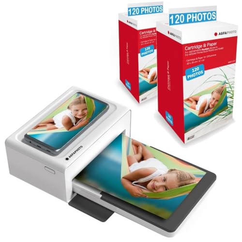 AGFA Photo Realipix Moments Drucker-Paket + Patronen und Papiere für 240 zusätzliche Fotos – Bluetooth-Fotodruck 10 x 15 cm Smartphone Apple und Android, 4 Pass Sublimation Thermal – Weiß von AgfaPhoto
