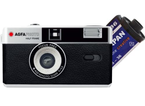 AgfaPhoto analoge 35mm 1/2 Format Foto Kamera Black im Set mit Schwarz/weiß Negativ Film + Batterie von antonKunze